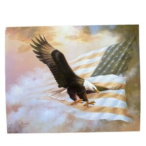 Vintage 1991 United Designs Bald Eagle American Flag Art Print Russia 20x16 252A